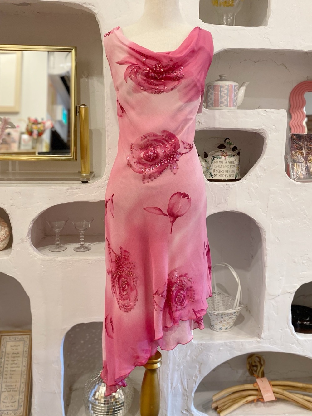 Y2K Barbie Pink Vintage Fairy Core Floral Asymmetrical Cowl Neck Beaded Dress